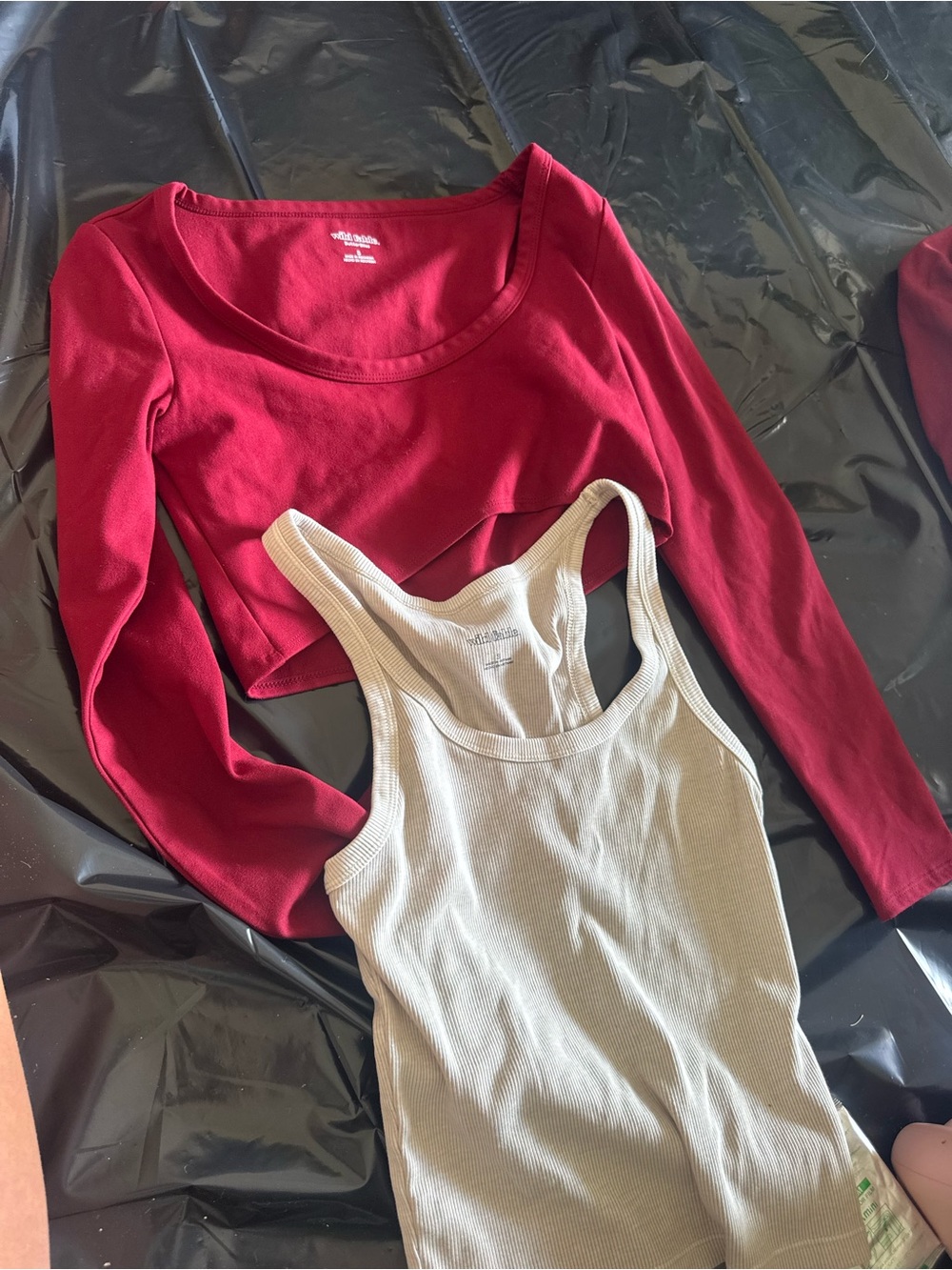 Red Long Sleeve Scoop Neck Top & Cream Ribbed Tank Duo